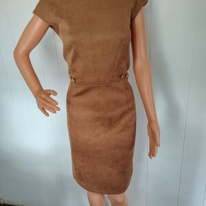 STELLA & JULIE Elegant Brown Suedecap - Sleeve Dress, Size 14 W